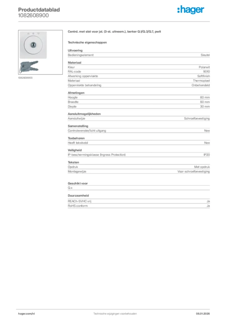 Afbeelding Hager Productdatablad 1082608900 | Hager Nederland