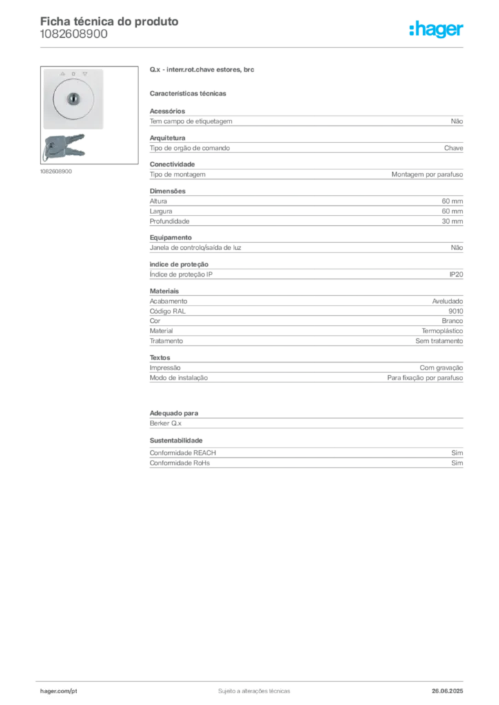 Imagem Hager Ficha técnica do produto 1082608900 | Hager Portugal