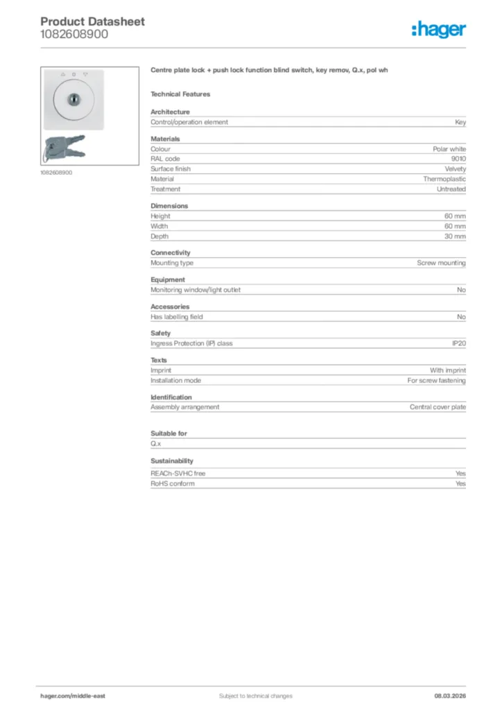 Image Hager Product data sheet 1082608900  | Hager