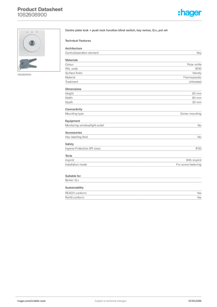 Image Hager Product data sheet 1082608900  | Hager