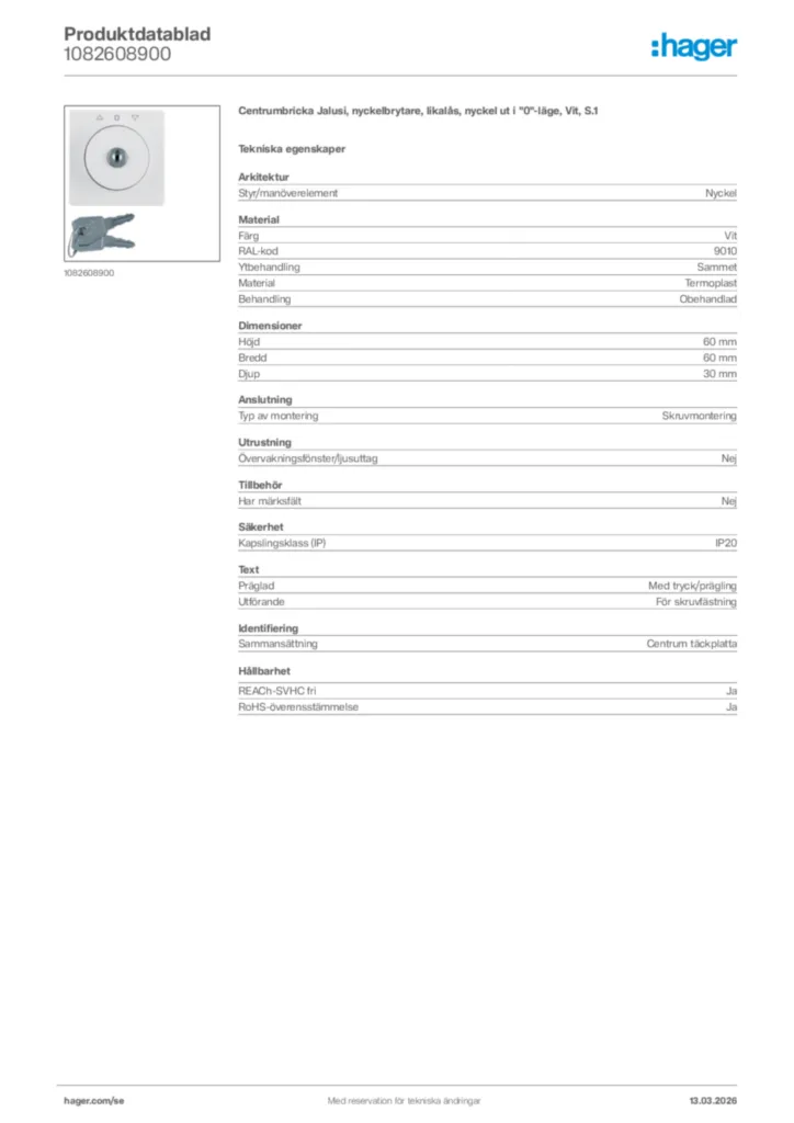 Bild Hager Produktdatablad 1082608900 | Hager Sverige