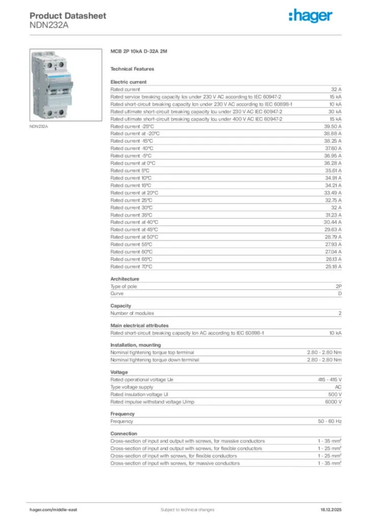 Image Hager Product data sheet NDN232A  | Hager