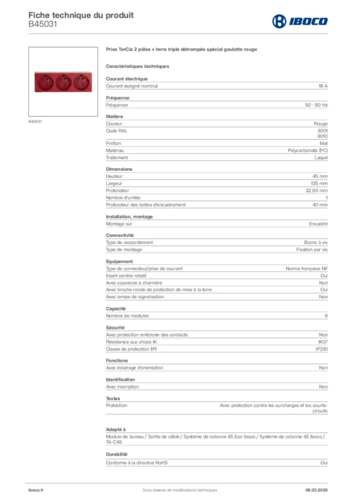 Image Iboco Fiche technique du produit B45031 | Hager France