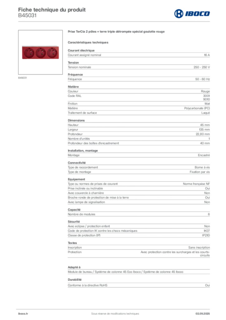 Image Iboco Fiche technique du produit B45031 | Hager France