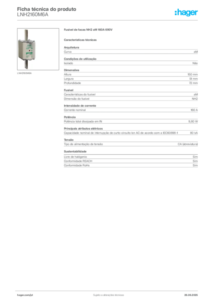 Imagem Hager Ficha técnica do produto LNH2160M6A | Hager Portugal