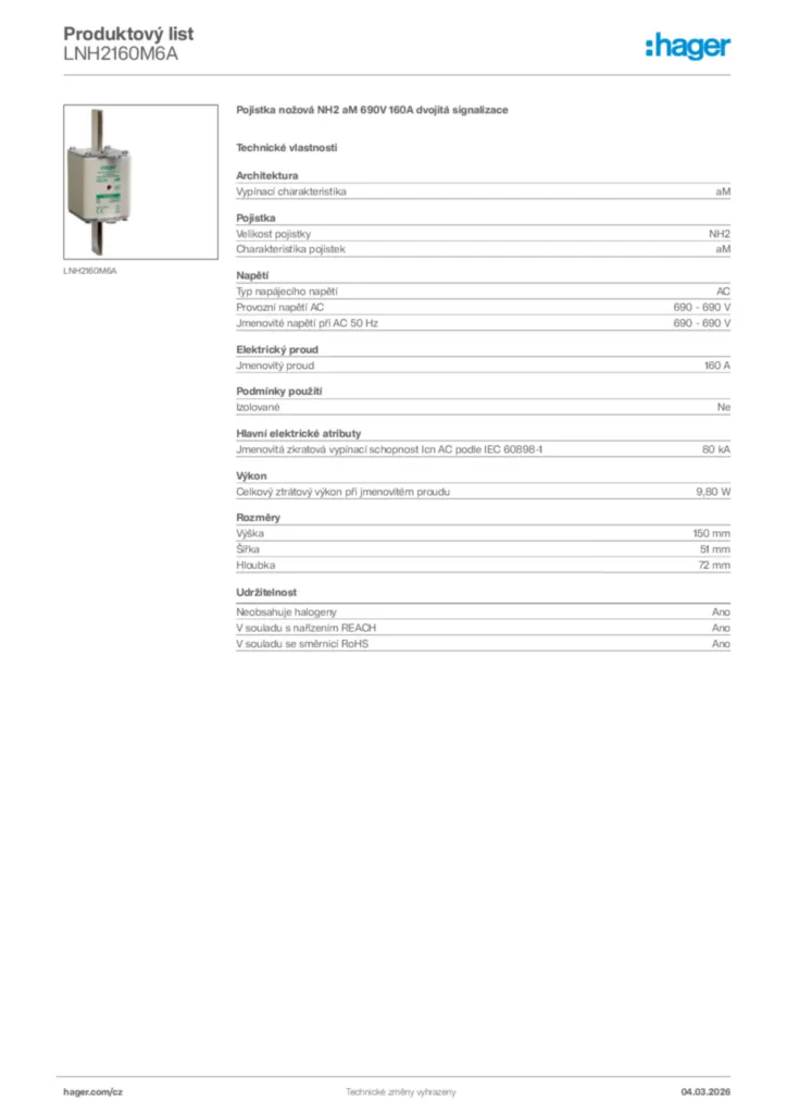 Obrázek Hager Product data sheet LNH2160M6A | Hager