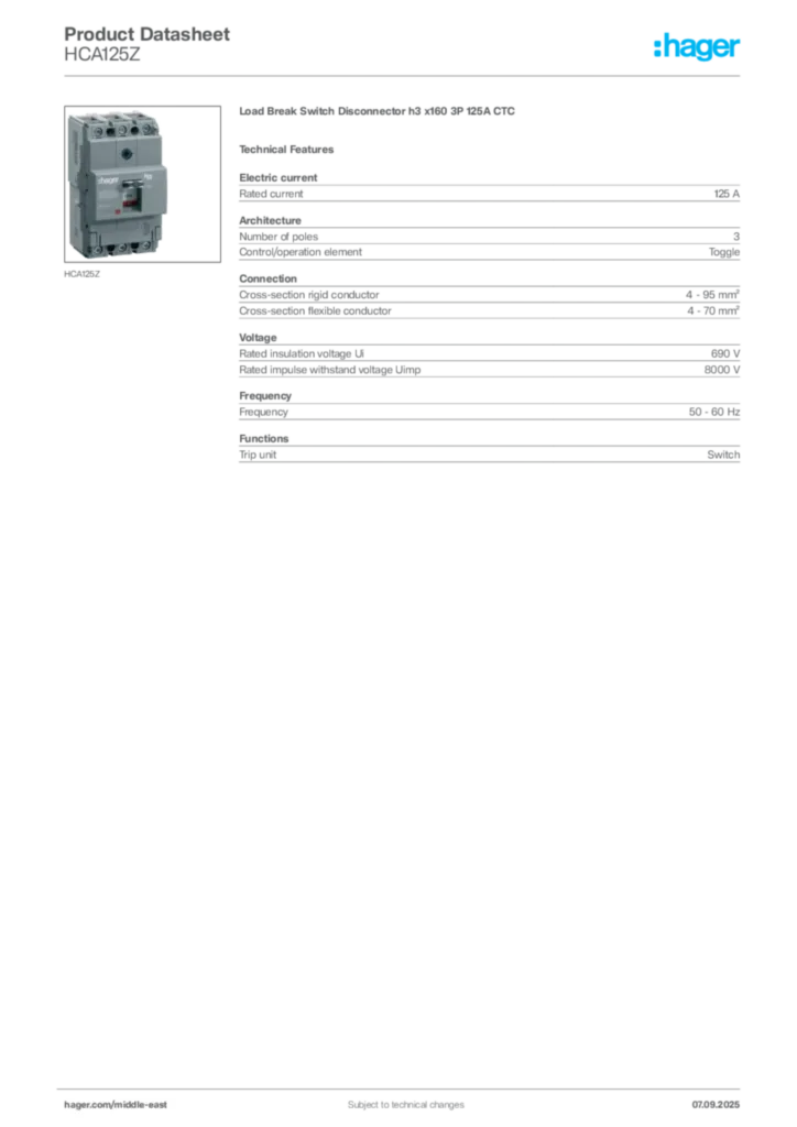 Image Hager Product data sheet HCA125Z  | Hager
