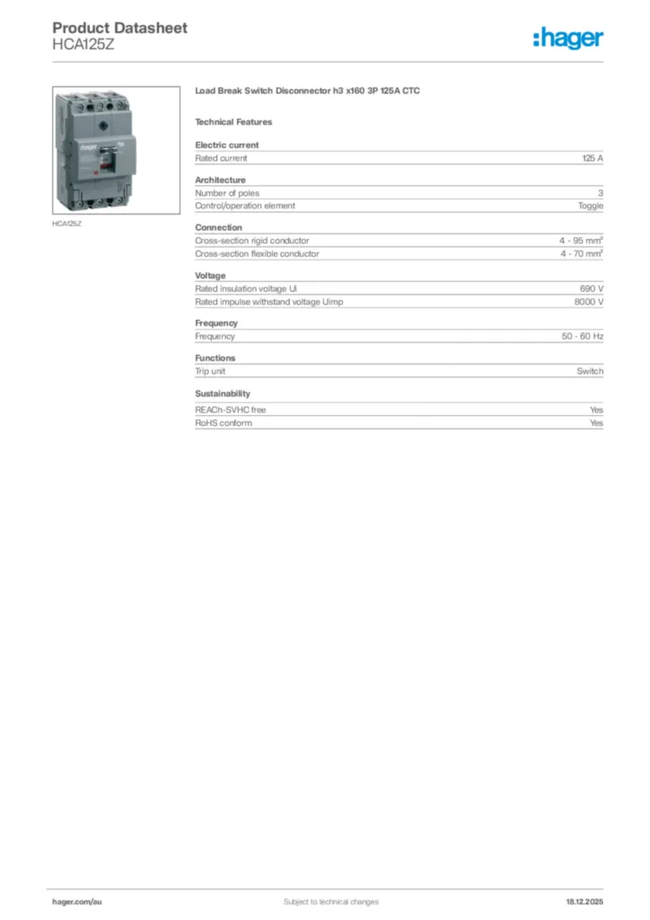 Image Hager Product data sheet HCA125Z  | Hager Australia
