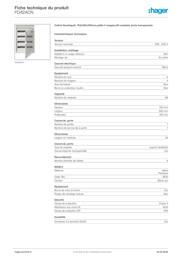 Image Hager Fiche technique du produit FD42ACN | Hager Afrique