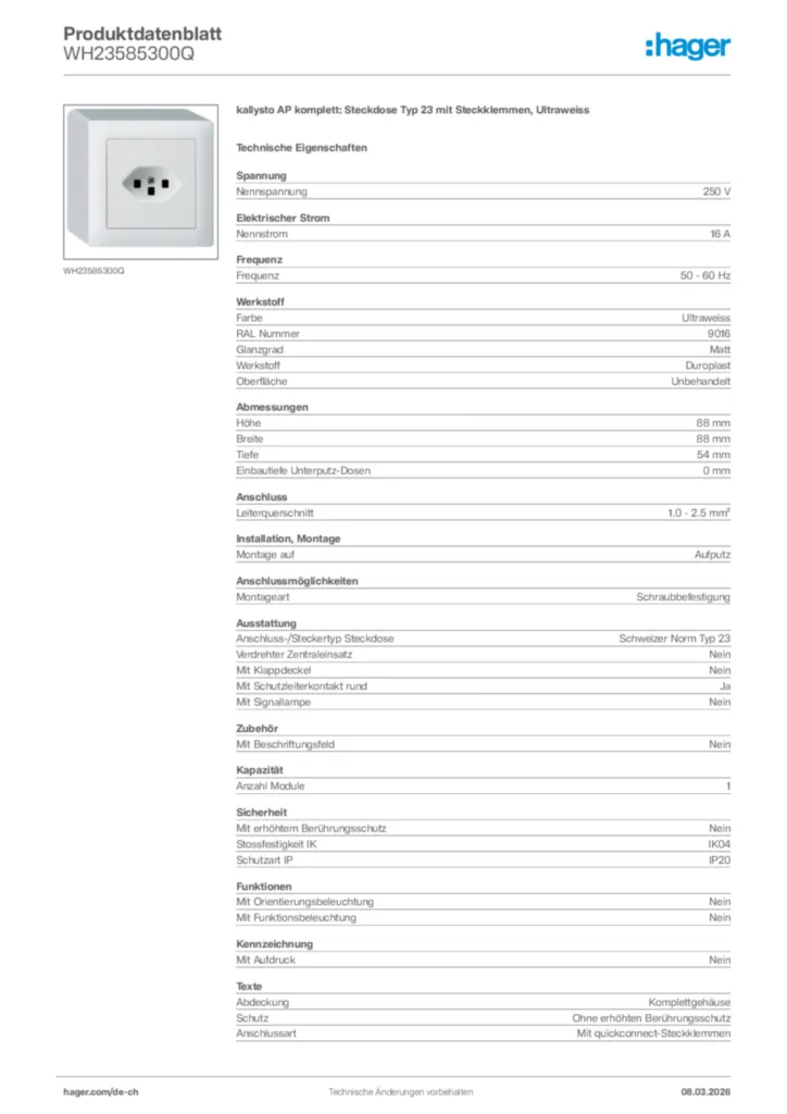 Bild Hager Produktdatenblatt WH23585300Q | Hager Schweiz