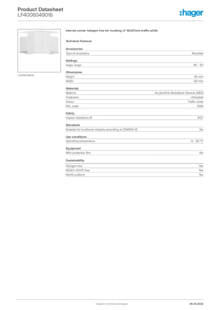Image Hager Product data sheet LF4006049016  | Hager Africa