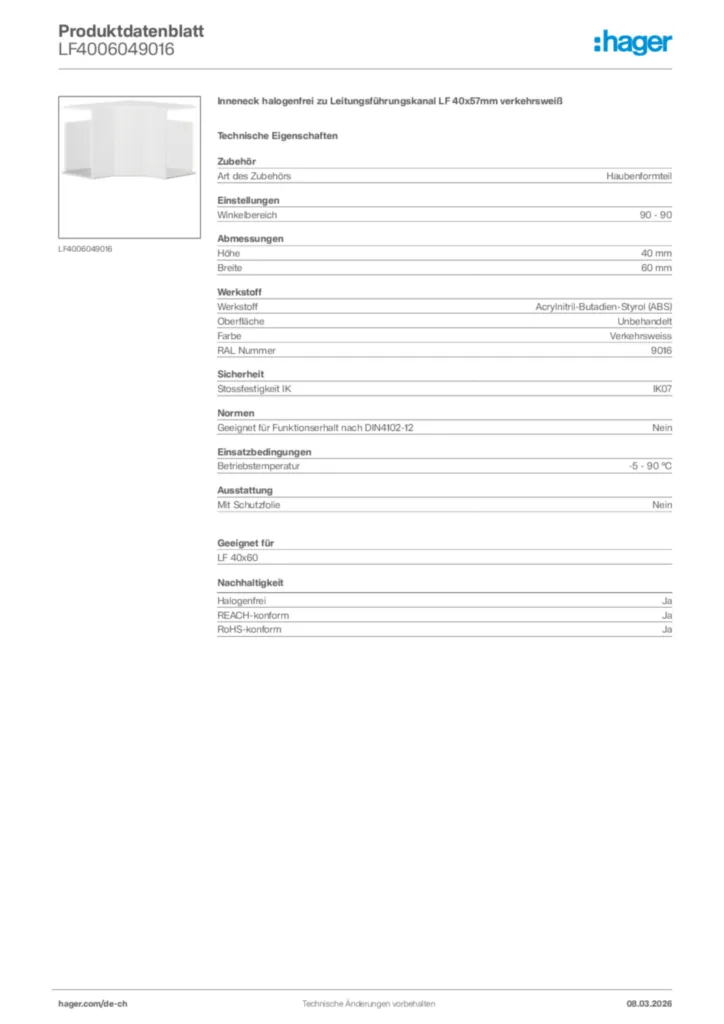 Bild Hager Produktdatenblatt LF4006049016 | Hager Schweiz