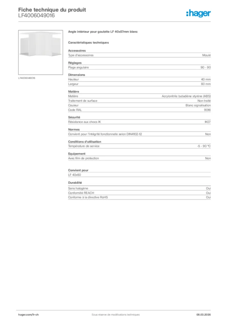 Image Hager Fiche technique du produit LF4006049016 | Hager Suisse
