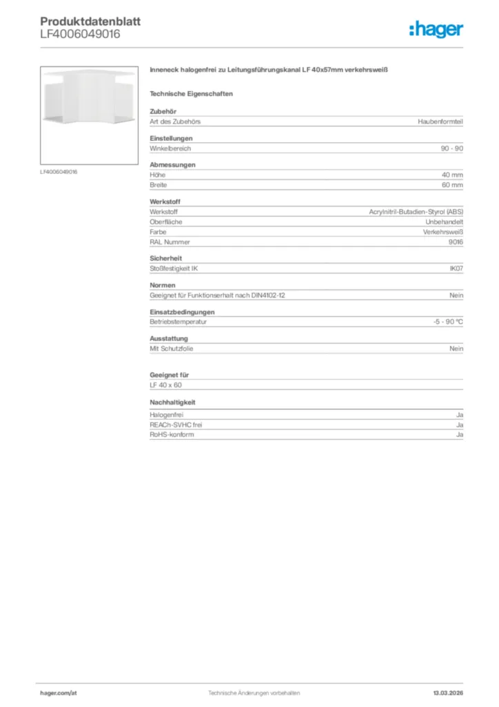 Bild Hager Produktdatenblatt LF4006049016 | Hager Deutschland