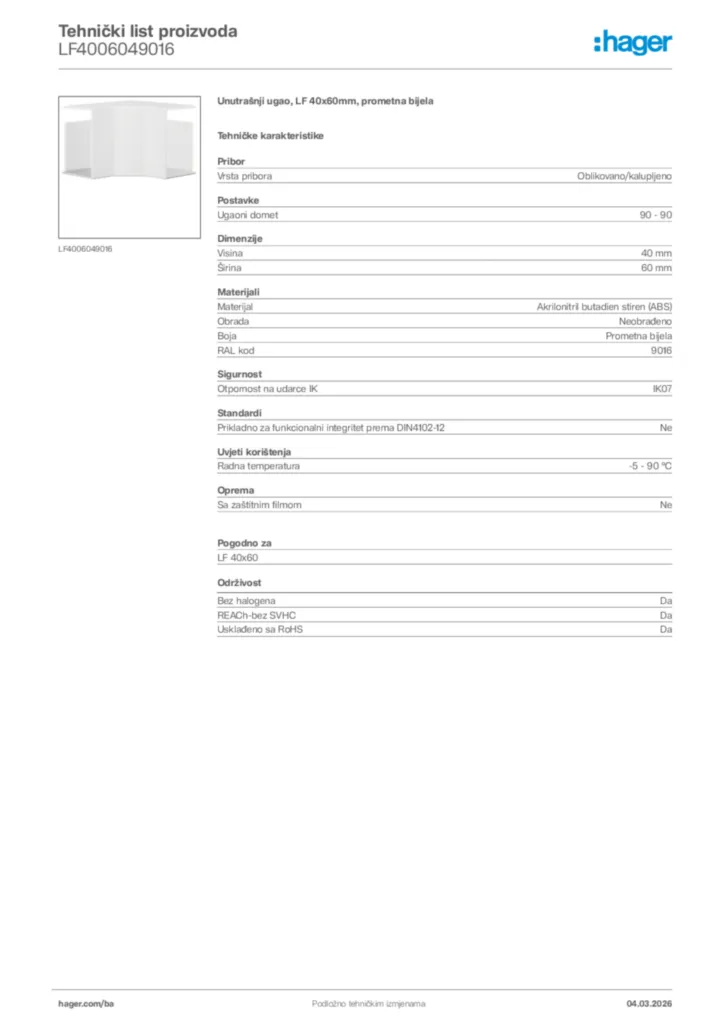 Slika Hager Tehnički list proizvoda LF4006049016  | Hager