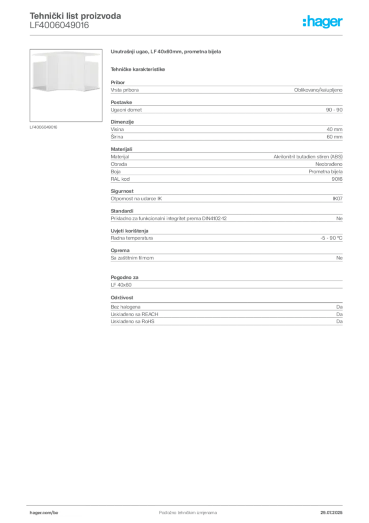 Slika Hager Product data sheet LF4006049016  | Hager