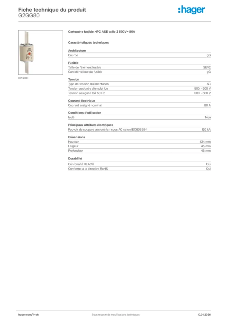 Image Hager Fiche technique du produit G2GG80 | Hager Suisse