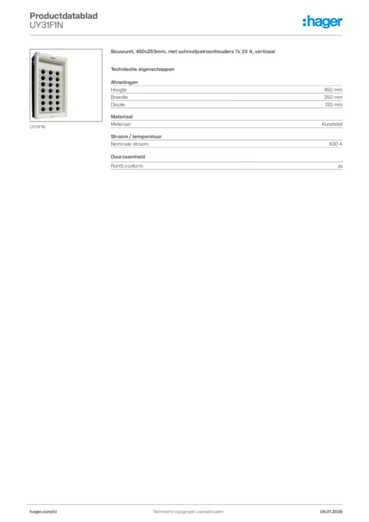 Afbeelding Hager Productdatablad UY31F1N | Hager Nederland