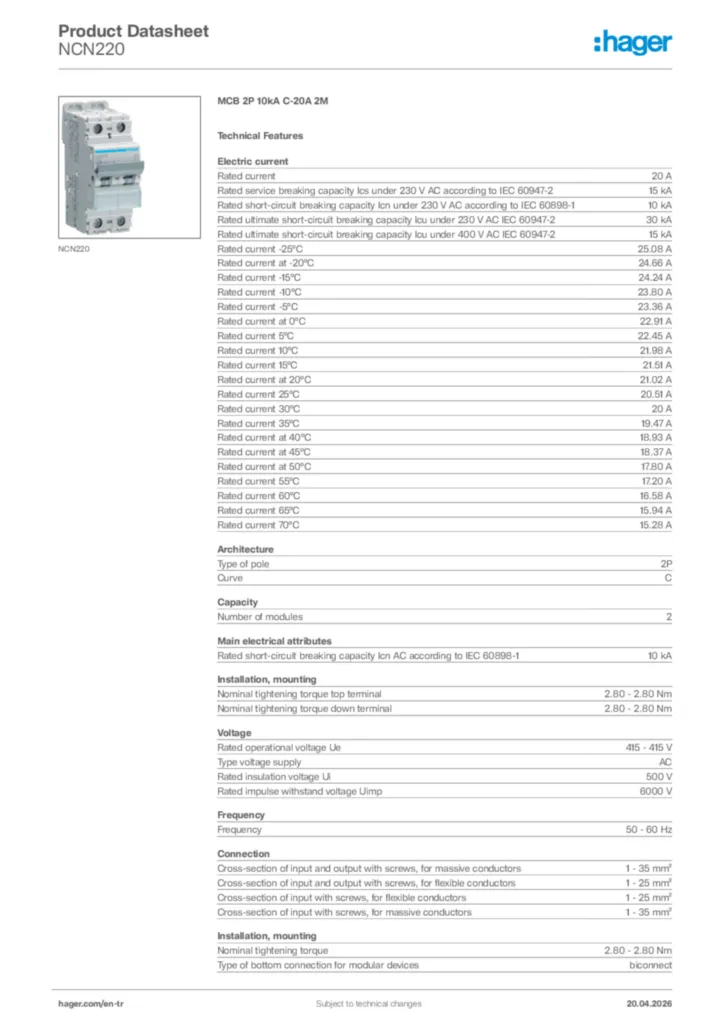 Image Hager Product data sheet NCN220  | Hager