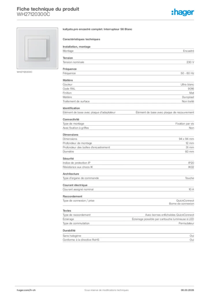 Image Hager Fiche technique du produit WH27120300C | Hager Suisse
