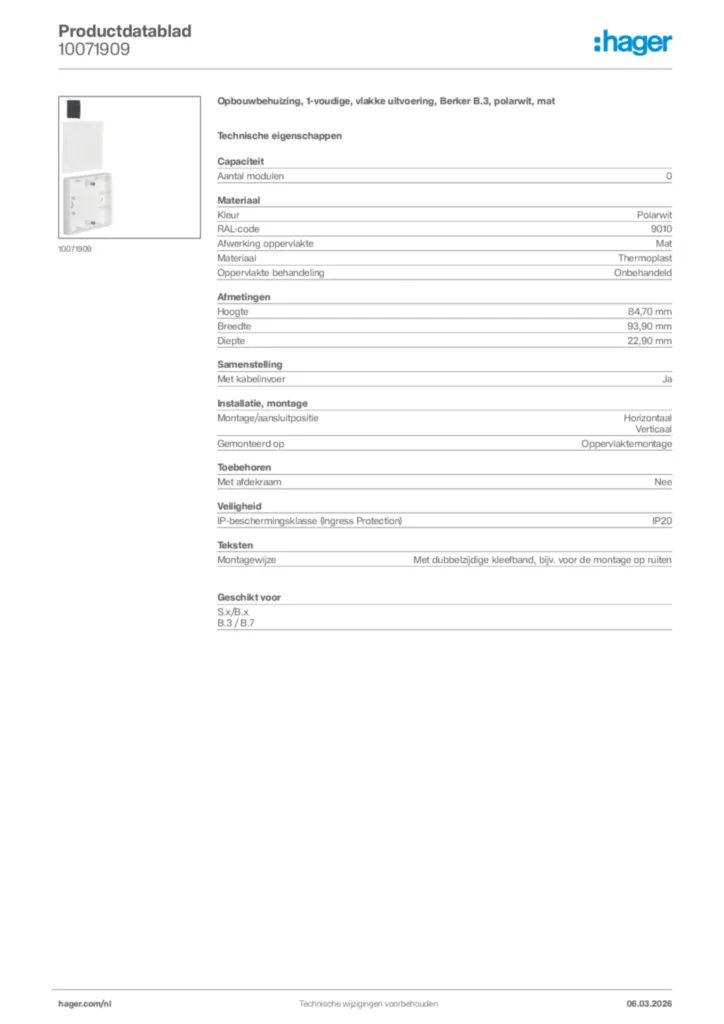 Afbeelding Hager Productdatablad 10071909 | Hager Nederland
