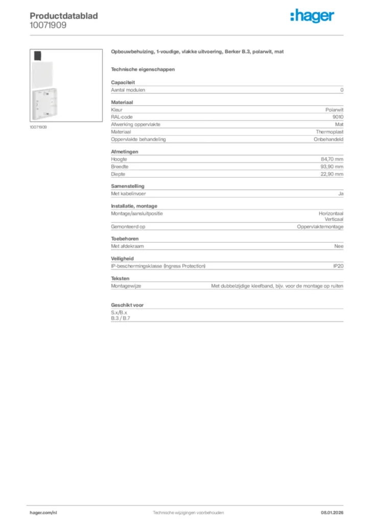 Afbeelding Hager Productdatablad 10071909 | Hager Nederland