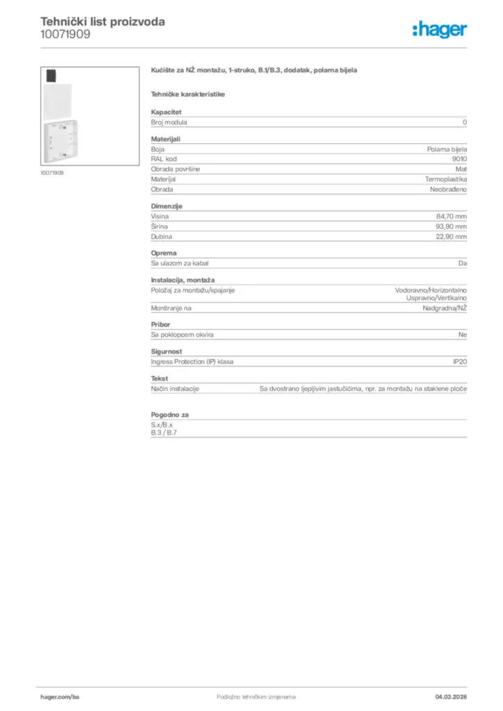 Slika Hager Tehnički list proizvoda 10071909  | Hager