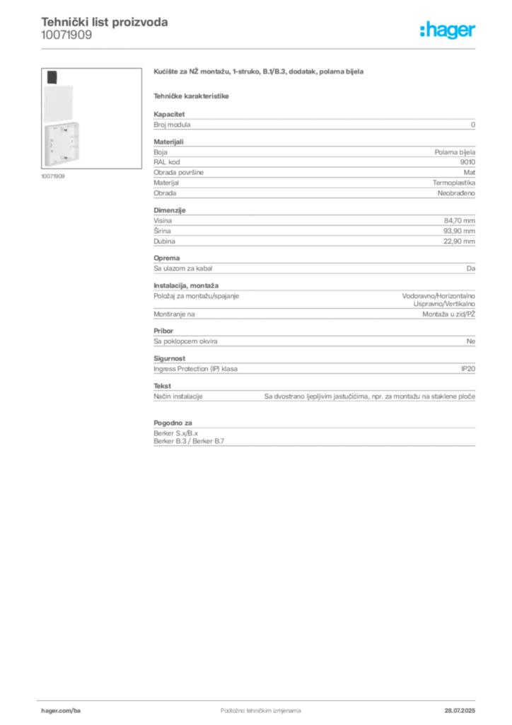 Slika Hager Product data sheet 10071909  | Hager