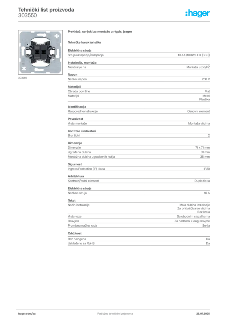 Slika Hager Product data sheet 303550  | Hager