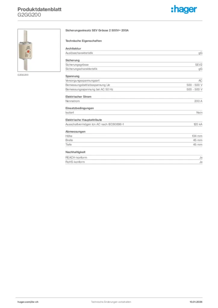 Bild Hager Produktdatenblatt G2GG200 | Hager Schweiz