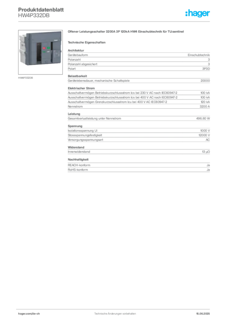 Bild Hager Produktdatenblatt HW4P332DB | Hager Schweiz