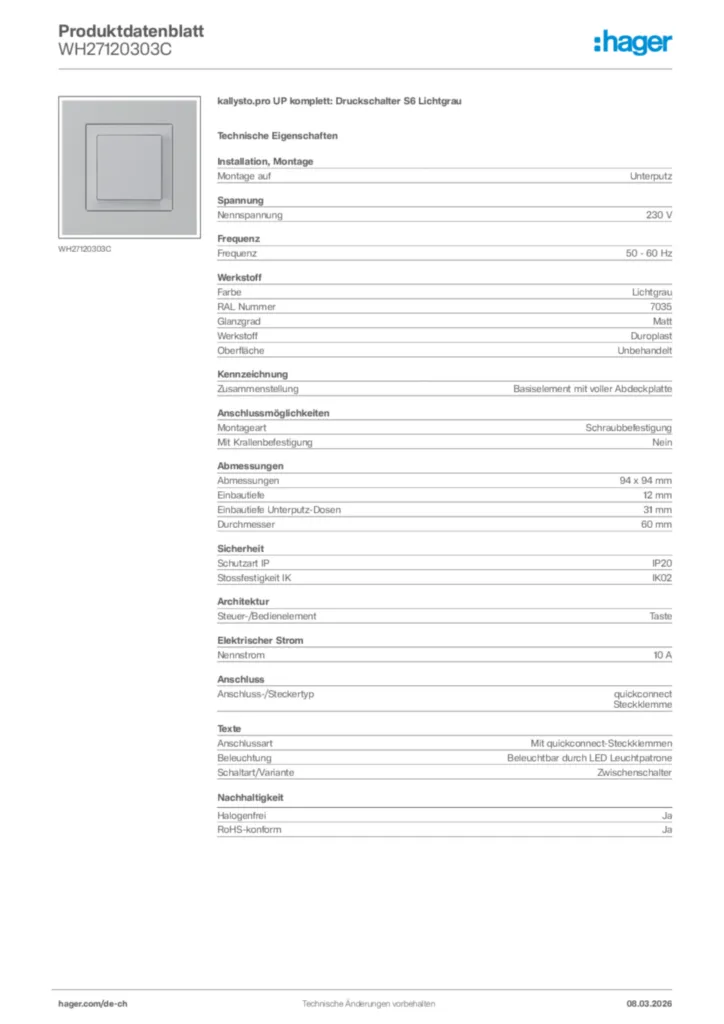 Bild Hager Produktdatenblatt WH27120303C | Hager Schweiz