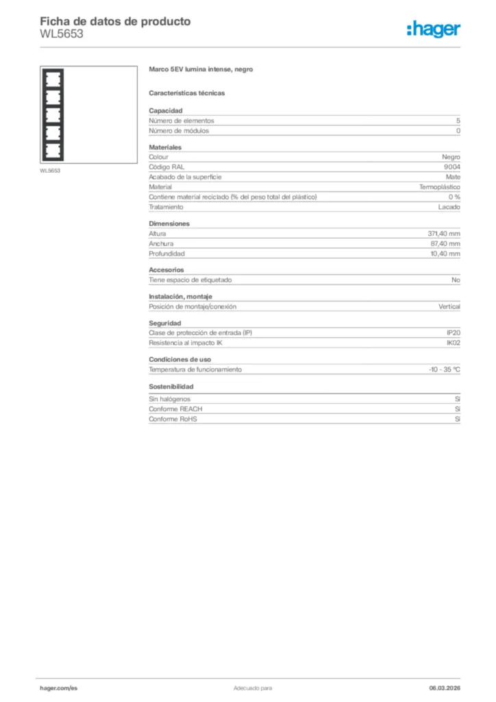 Imagen Hager Ficha de datos de producto WL5653 | Hager España