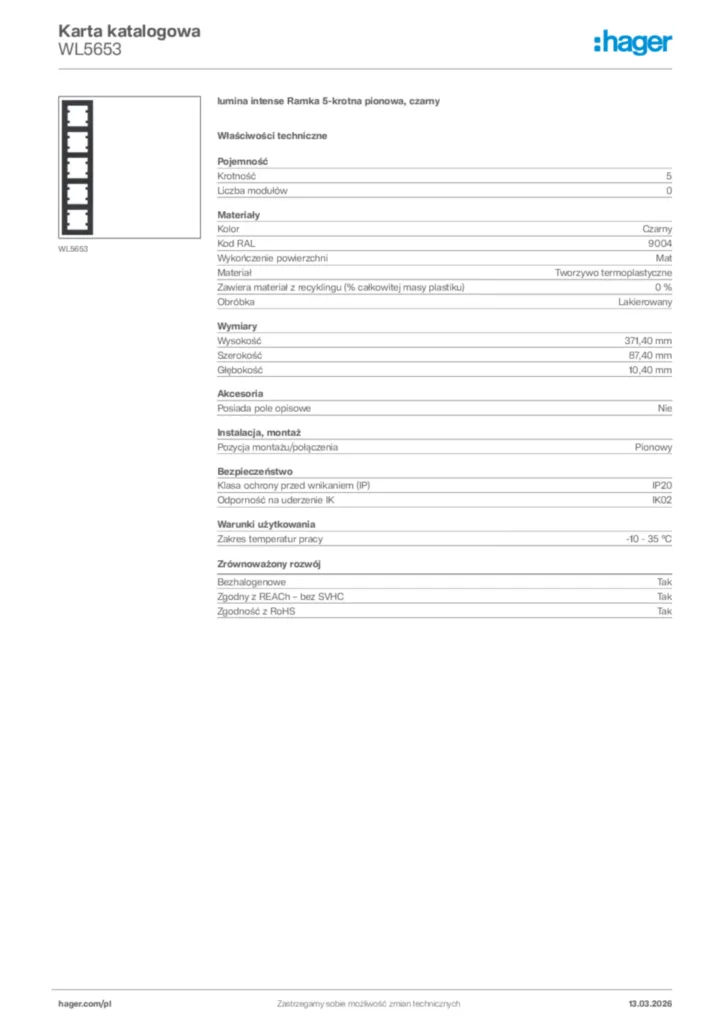 Zdjęcie Hager Karta katalogowa WL5653 | Hager Polska