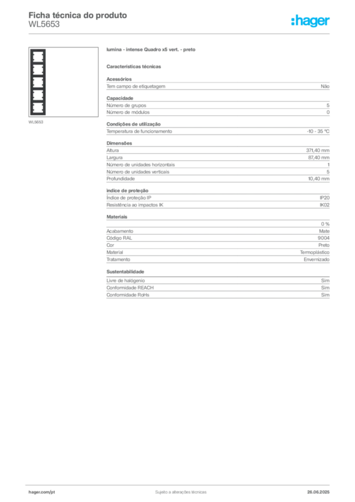 Imagem Hager Ficha técnica do produto WL5653 | Hager Portugal