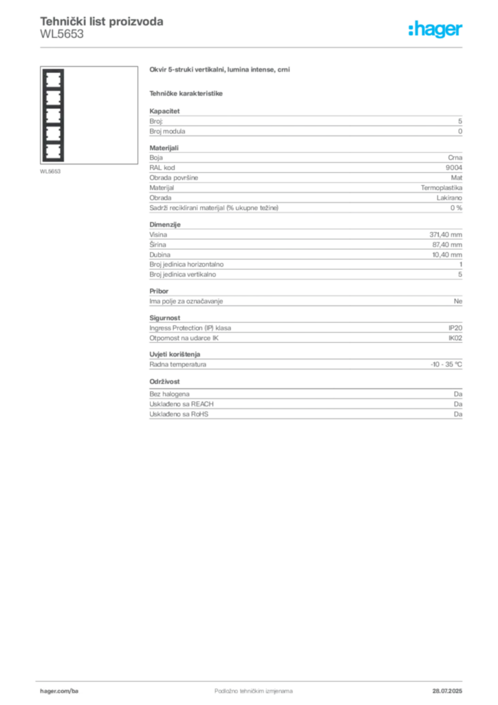 Slika Hager Product data sheet WL5653  | Hager