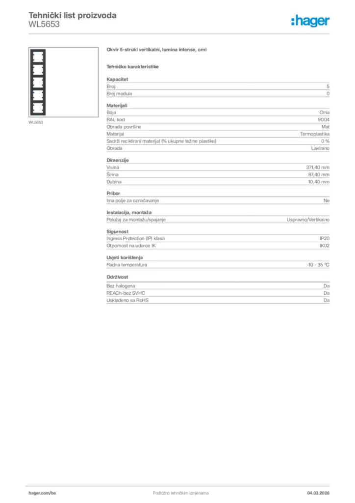 Slika Hager Tehnički list proizvoda WL5653  | Hager
