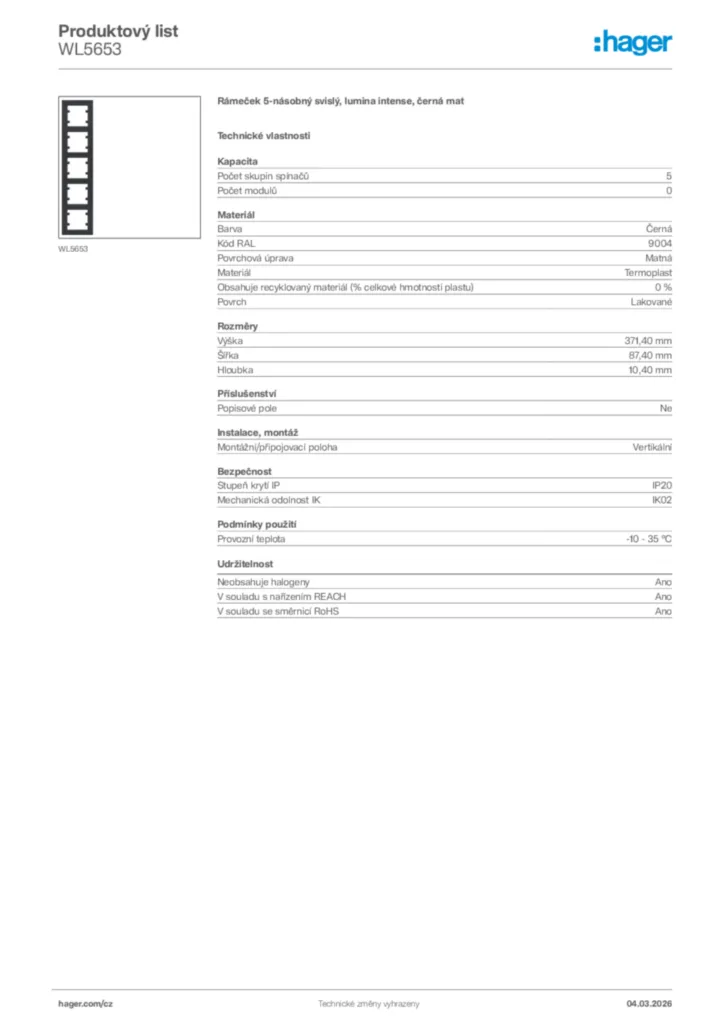 Obrázek Hager Product data sheet WL5653 | Hager