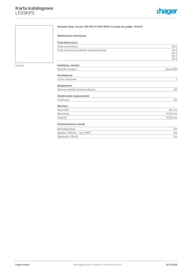 Zdjęcie Hager Karta katalogowa LE33KPS | Hager Polska