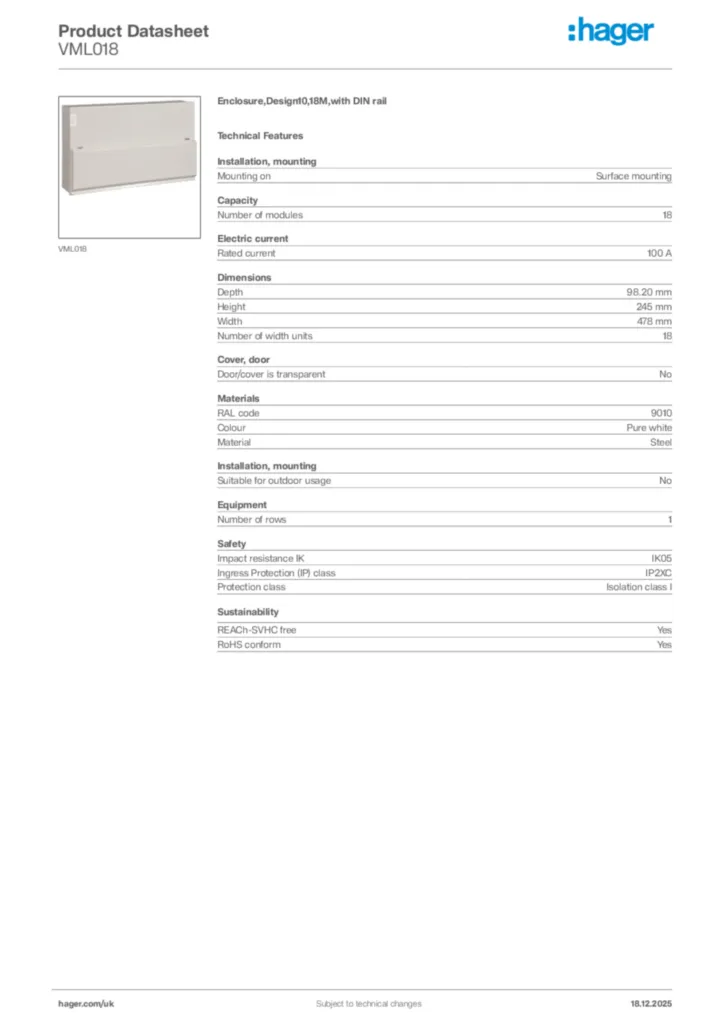 Image Hager Product data sheet VML018  | Hager