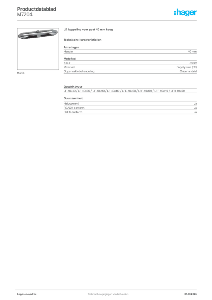 Afbeelding Hager Productdatablad M7204 | Hager Belgium
