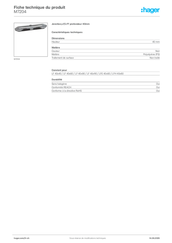 Image Hager Fiche technique du produit M7204 | Hager Suisse