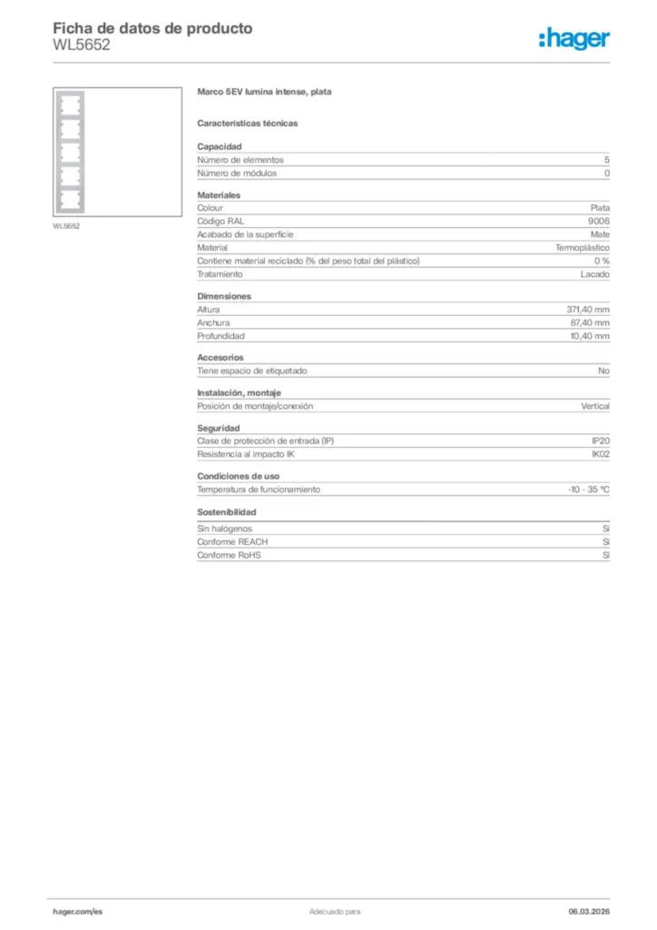 Imagen Hager Ficha de datos de producto WL5652 | Hager España