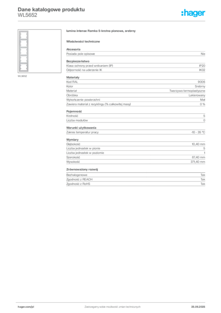 Zdjęcie Hager Karta katalogowa WL5652 | Hager Polska