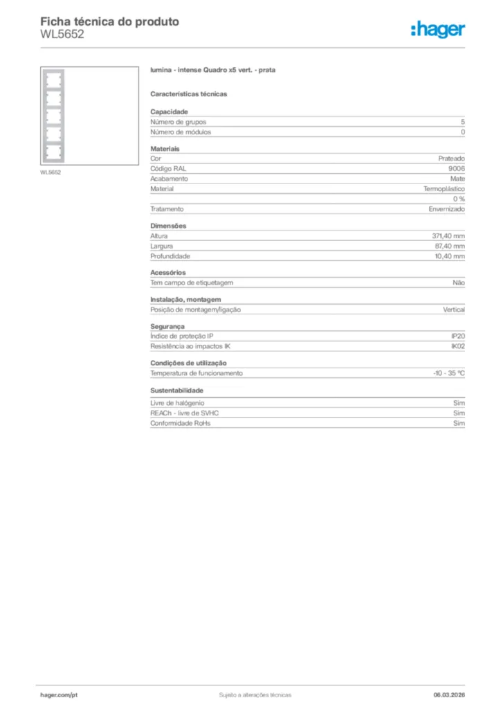 Imagem Hager Ficha técnica do produto WL5652 | Hager Portugal