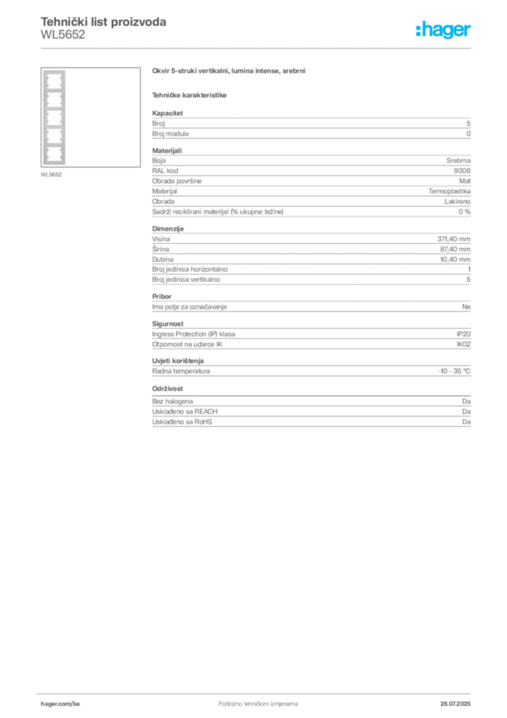 Slika Hager Product data sheet WL5652  | Hager