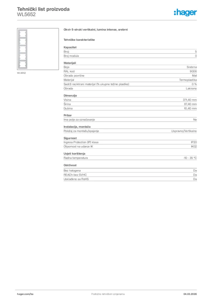 Slika Hager Tehnički list proizvoda WL5652  | Hager