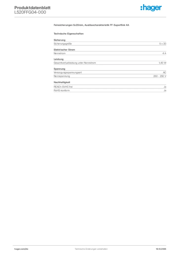 Bild Hager Produktdatenblatt L520FFG04-000 | Hager Deutschland