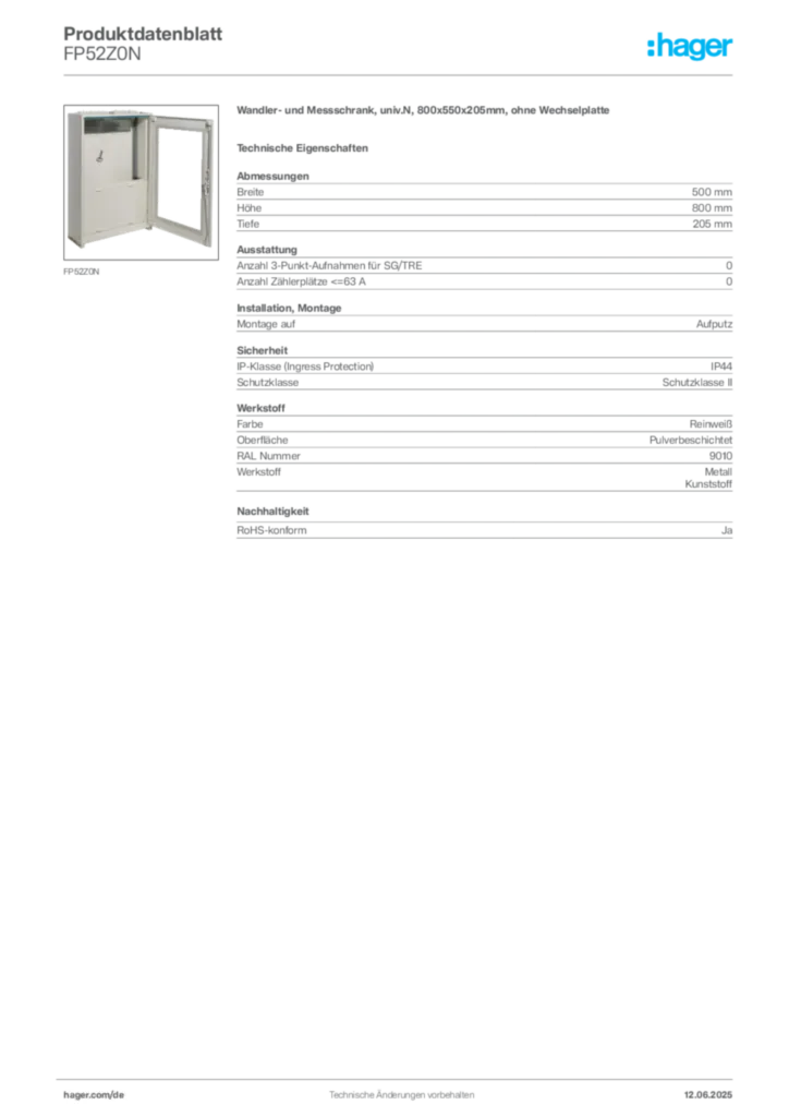 Bild Hager Produktdatenblatt FP52Z0N | Hager Deutschland