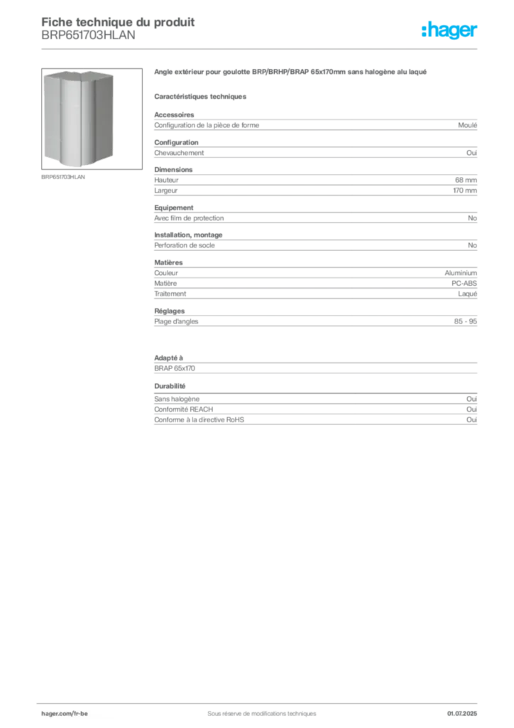 Image Hager Fiche technique du produit BRP651703HLAN | Hager Belgique